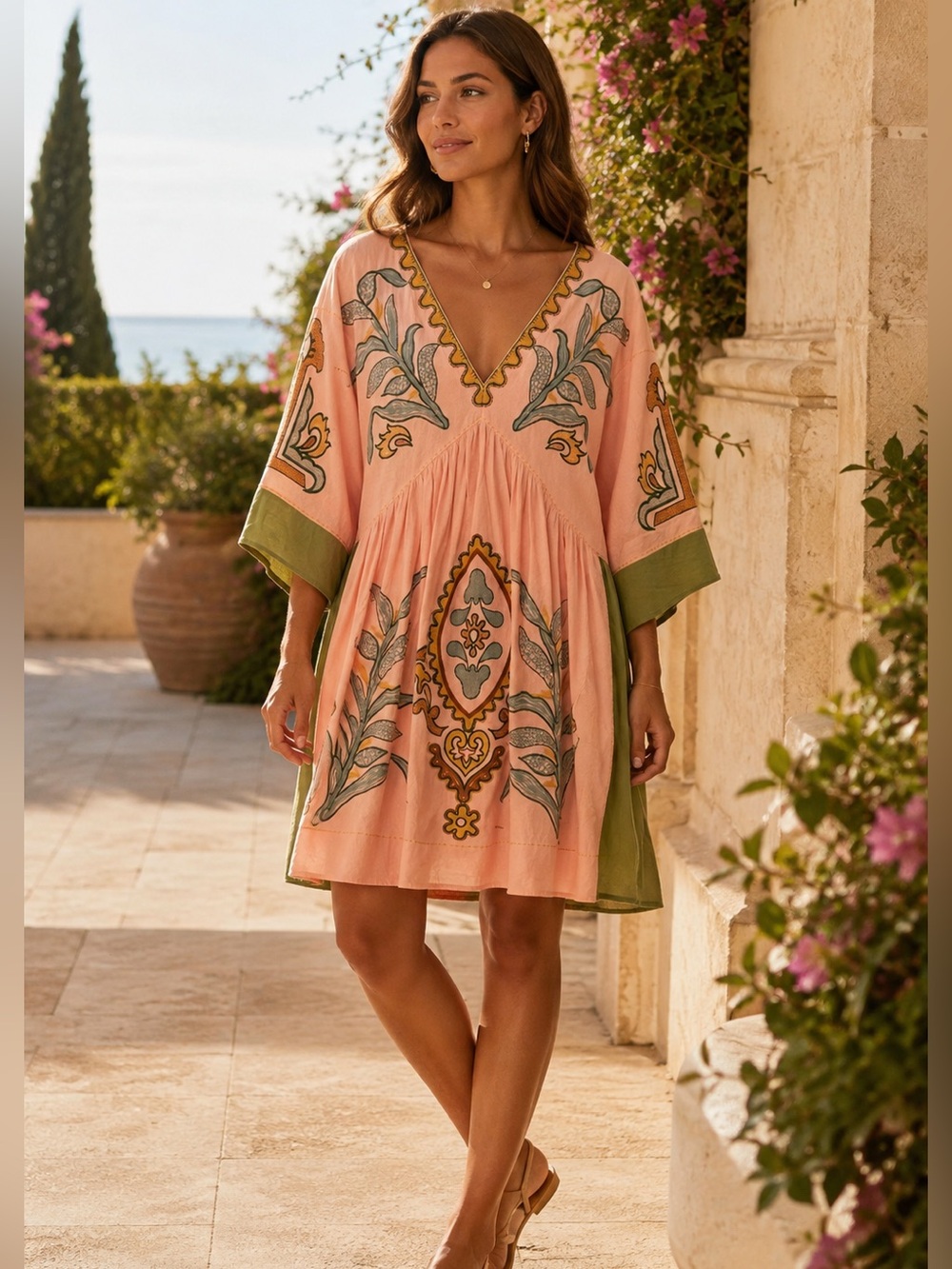 BHLDN Coral Embroidered Midi Dress with Olive Accents